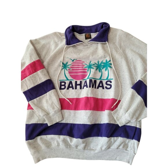 VTG 80s Sun Triangle Sweatshirt L Bahamas 1/4 Zip Drawstring USA Rainbow Unisex - Picture 4 of 9